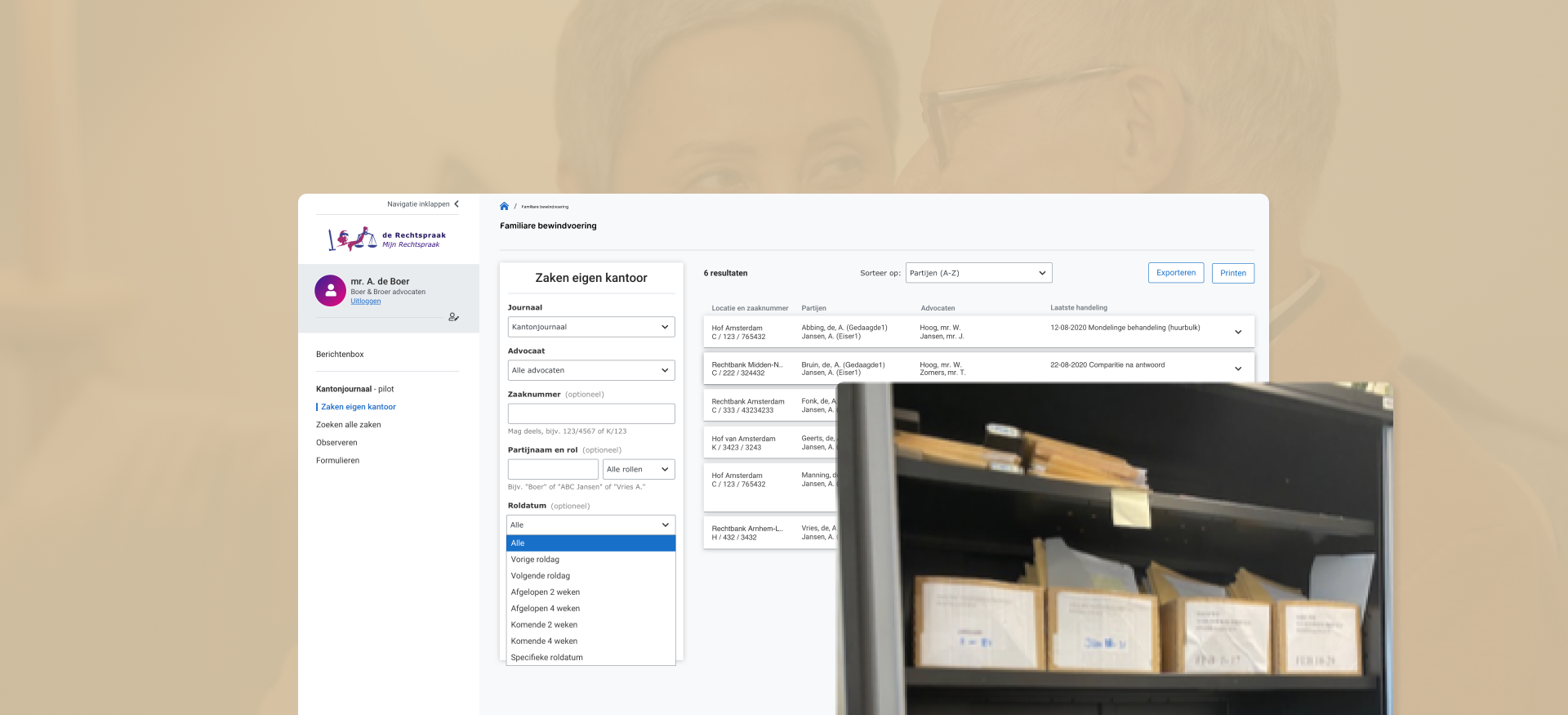 Rechtspraak digital service interface shown alongside the physical casework environment.