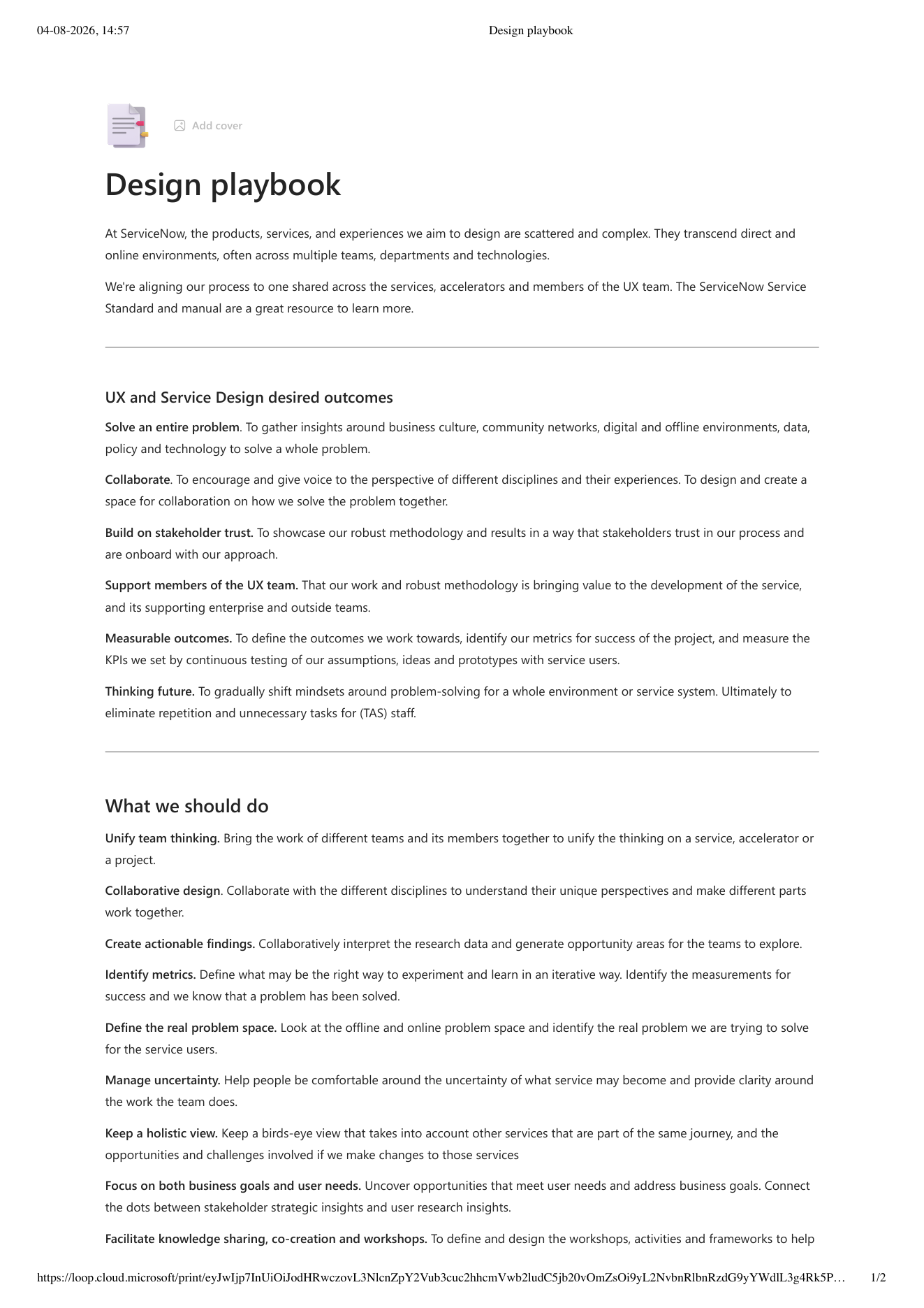 Internal Design Playbook defining shared UX and Service Design outcomes and ways of working