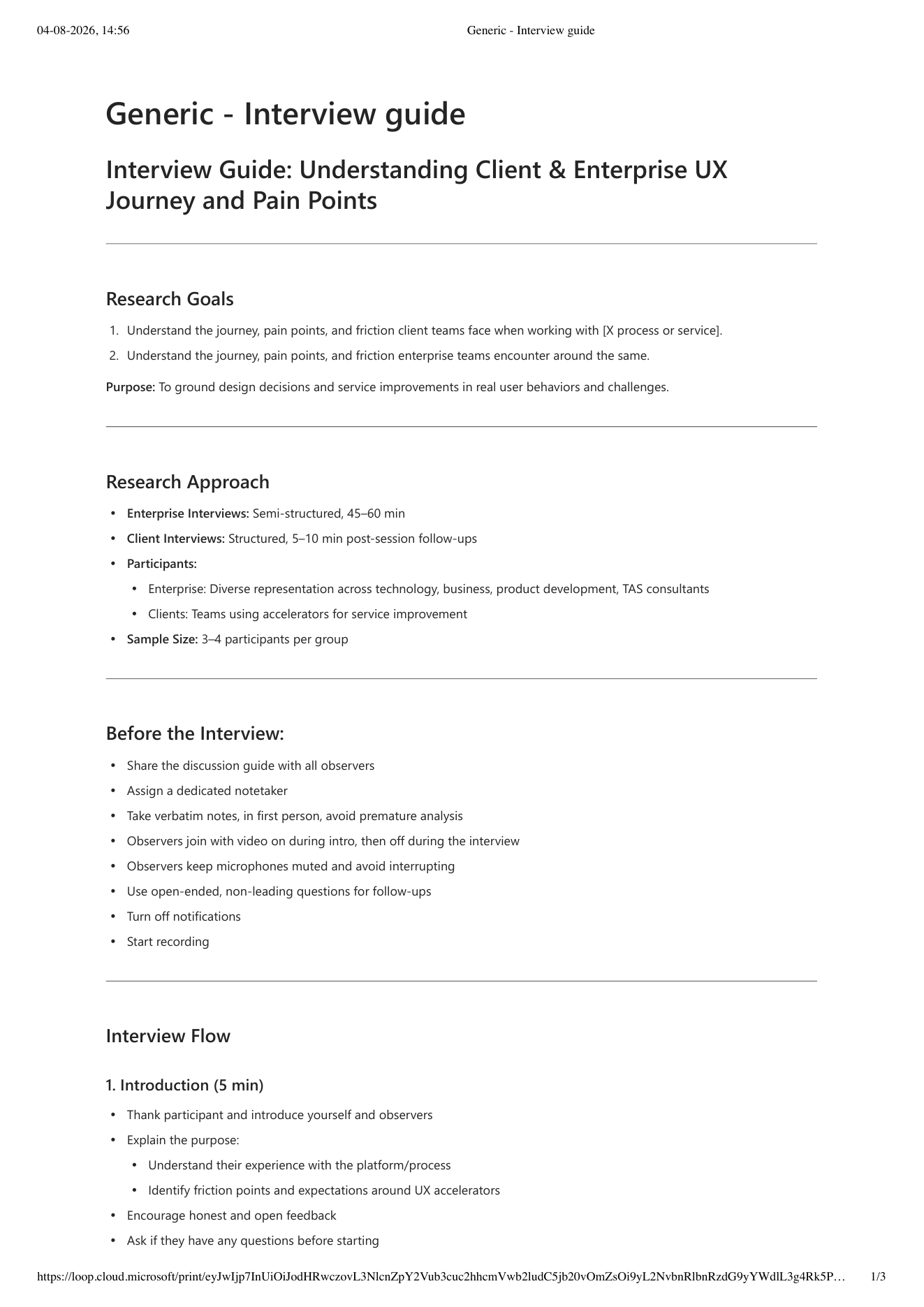 Interview guide used to understand client and enterprise UX journeys and pain points